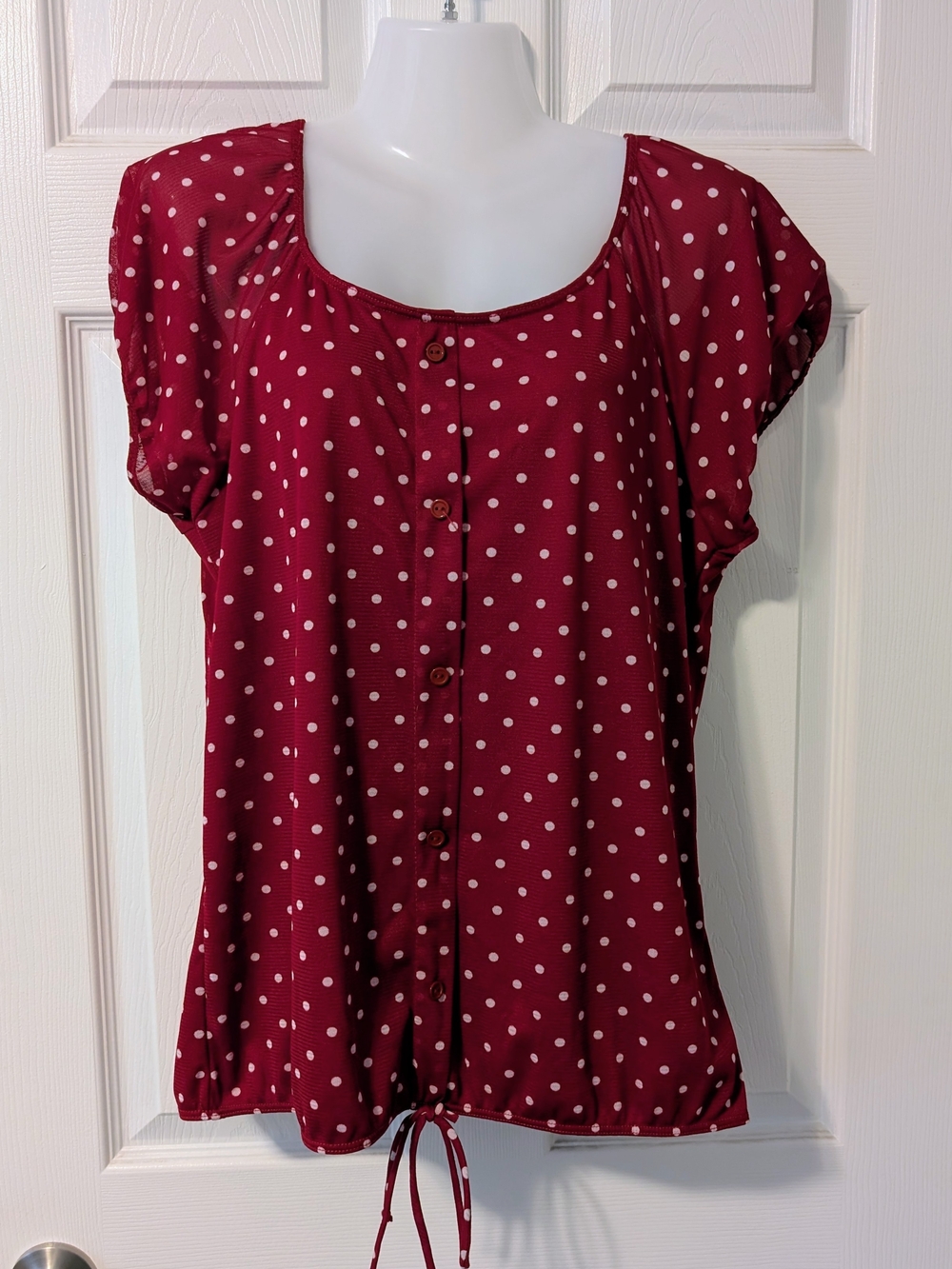 $5 SUMMER SALE! Agenda Burgundy Polka Dot Button-Front Short Sleeve Top